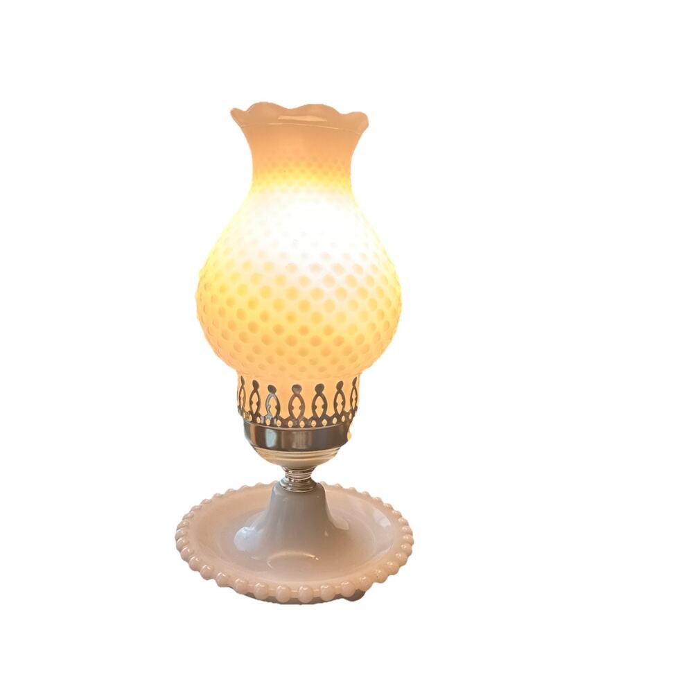 Hobnail Milk Glass 11" Lamp VTG Hurricane Electric Parlor Table Boudoir EUC Gold